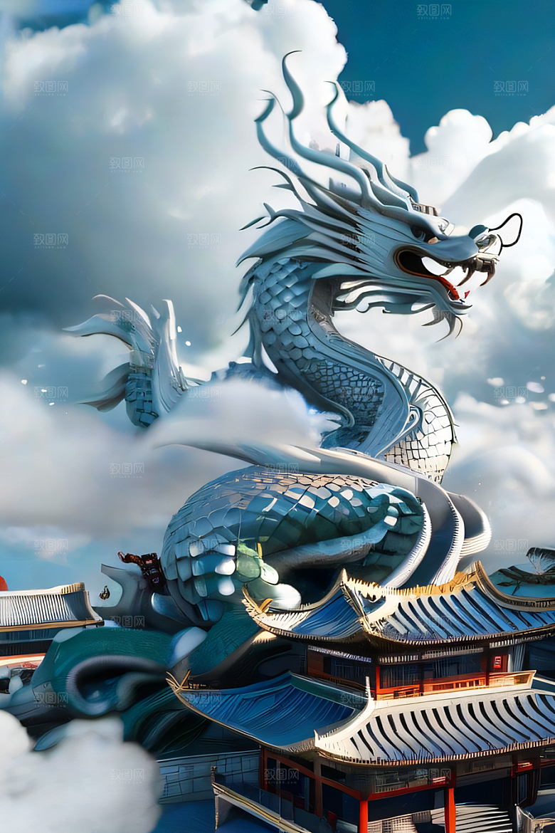 龙在白云中飞舞神话传说的超现实场景