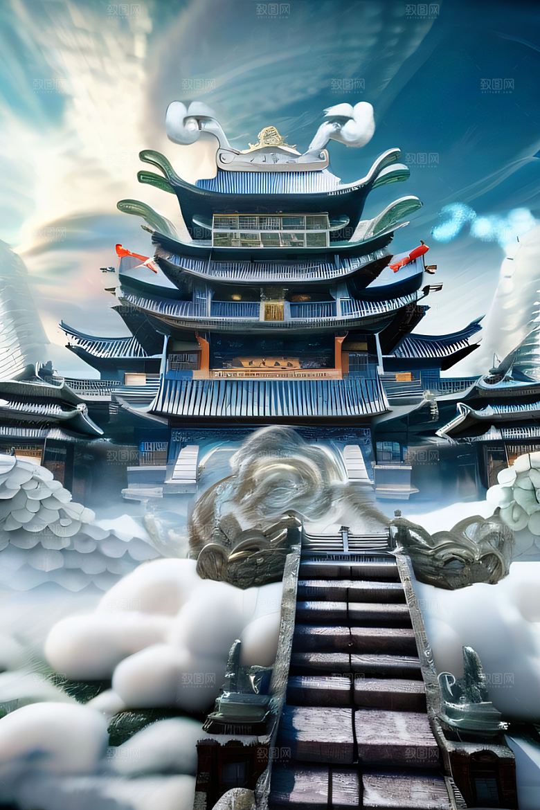 龙在白云中飞舞神话传说的超现实场景