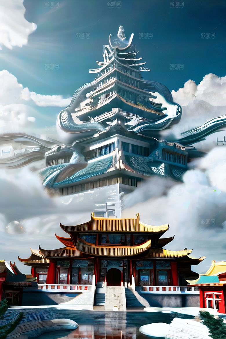 龙在白云中飞舞神话传说的超现实场景