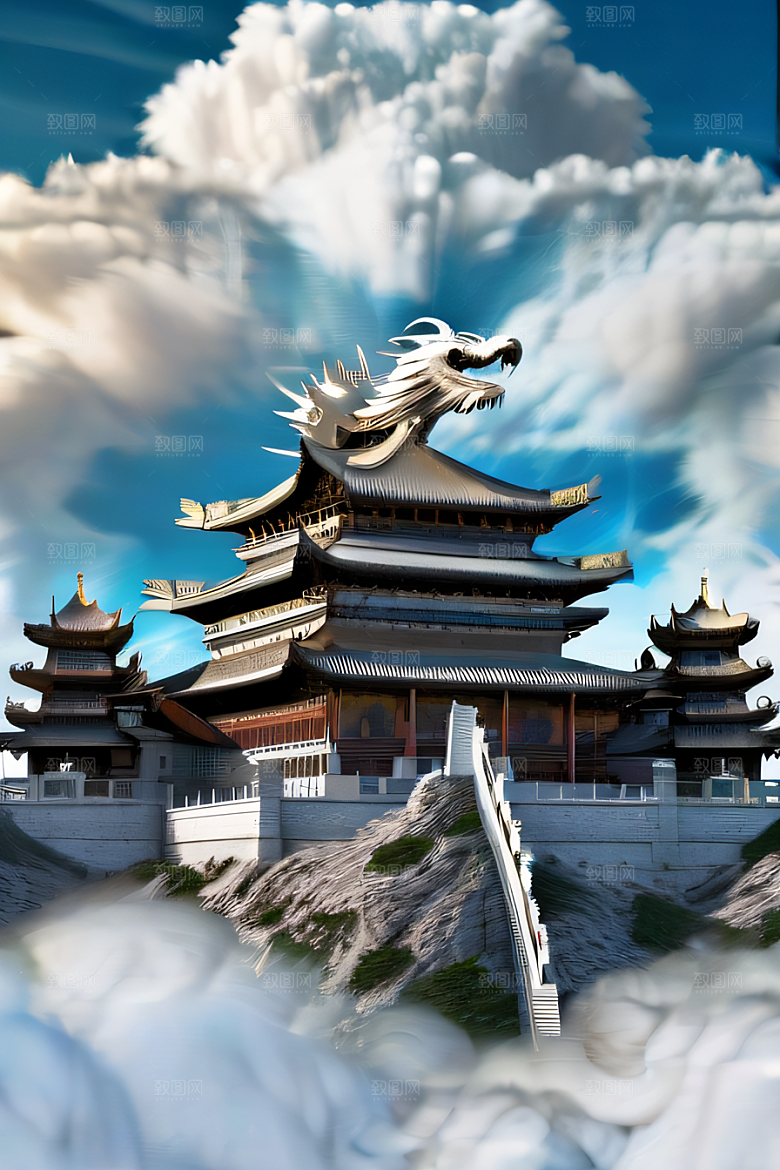 龙在白云中飞舞神话传说的超现实场景