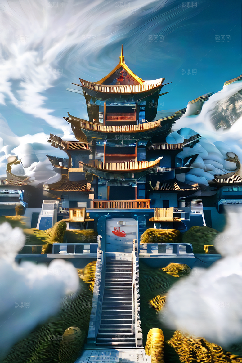 神话中的天宫超现实计算机渲染作品