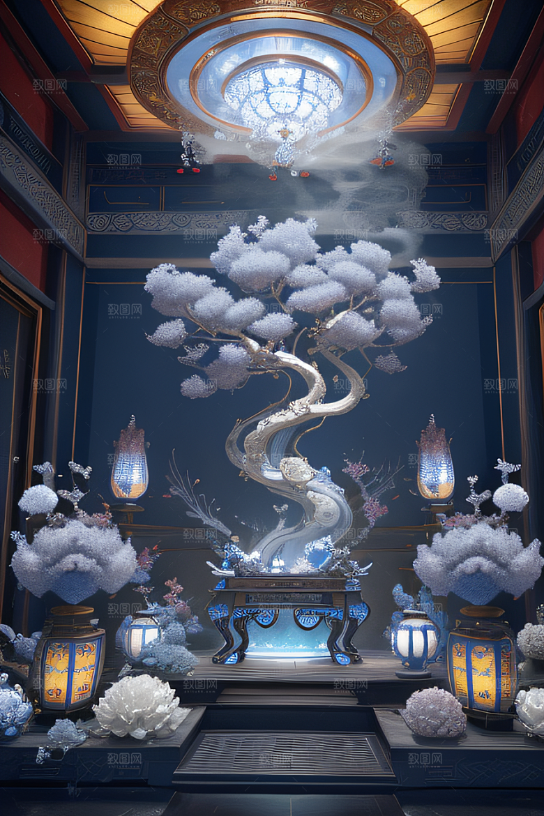 金银装饰下的牡丹花盛放