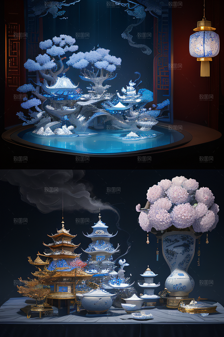 金银装饰下的牡丹花盛放