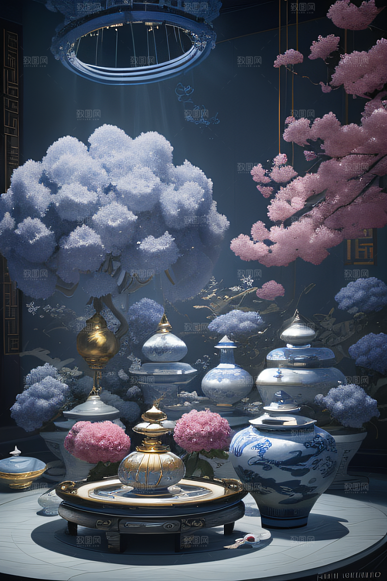 金银装饰下的牡丹花盛放