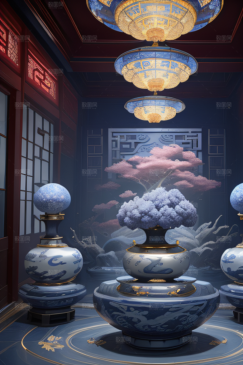 云海中的烟雾与红灯笼