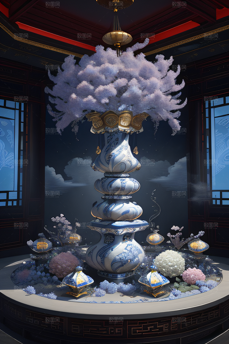 云海中的烟雾与红灯笼