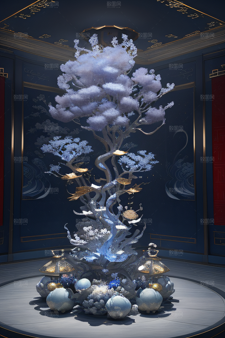 云海中的烟雾与红灯笼
