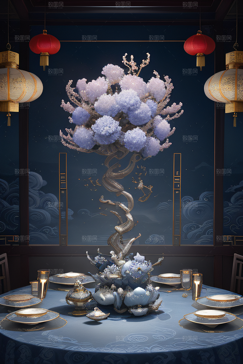 云海中的烟雾与红灯笼