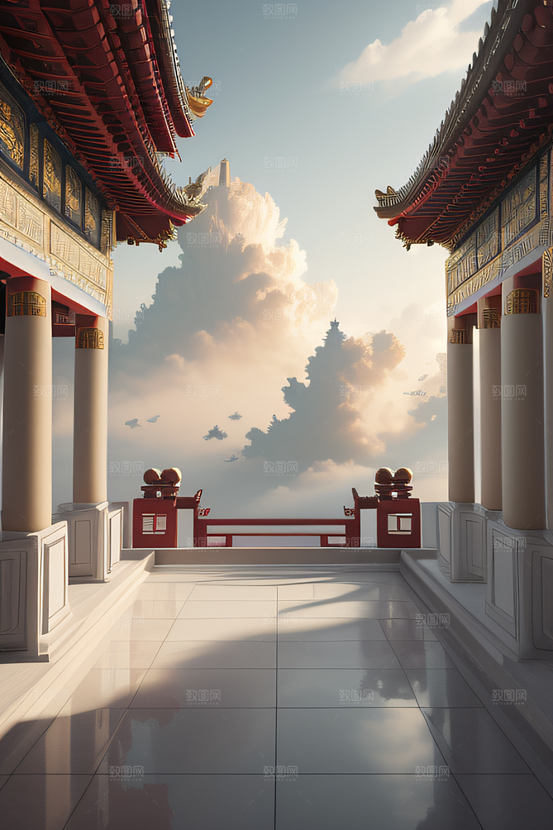 雾中仙境华丽的白金中国宫殿