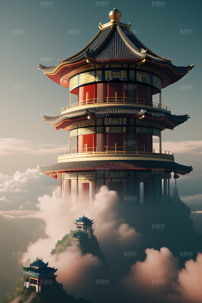 雾中仙境华丽的白金中国宫殿