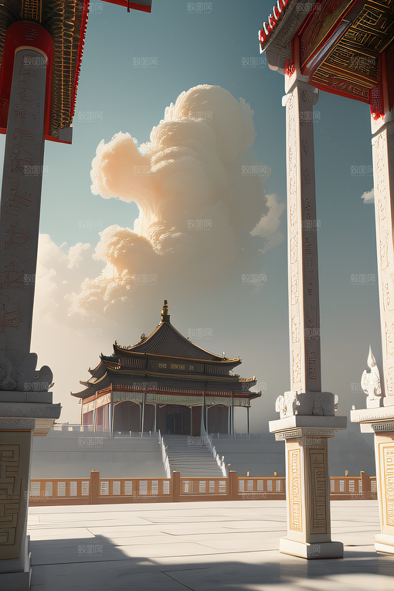 雾中仙境华丽的白金中国宫殿