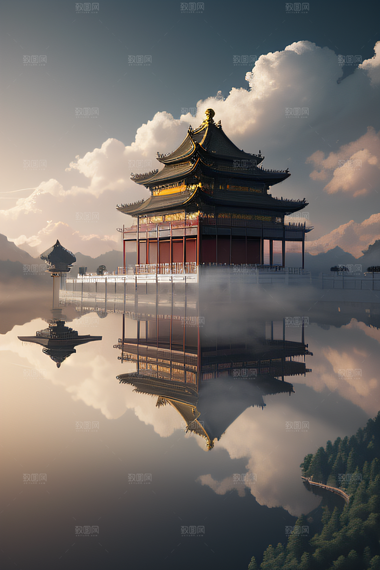 雾中仙境华丽的白金中国宫殿