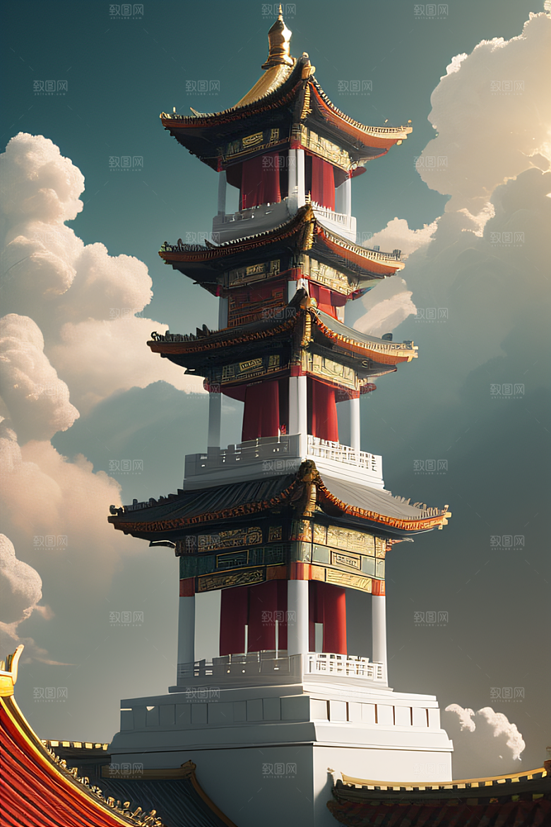 雾中仙境华丽的白金中国宫殿