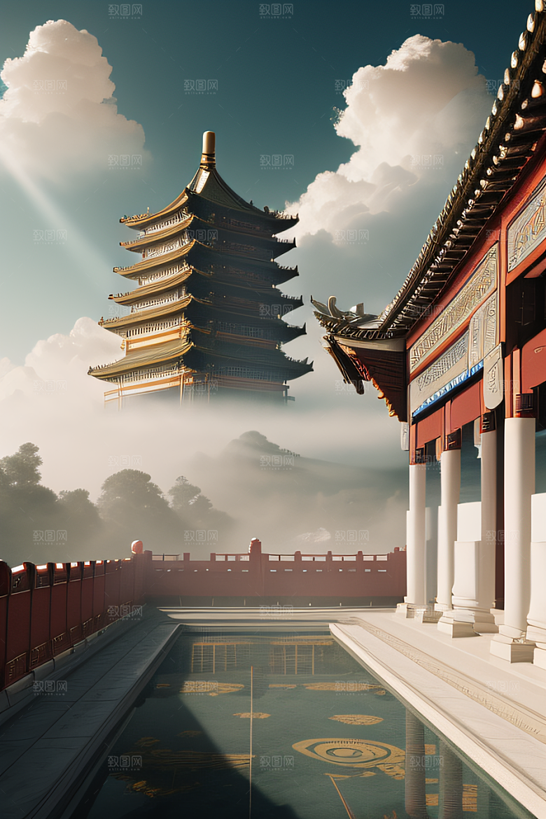 雾中仙境华丽的白金中国宫殿