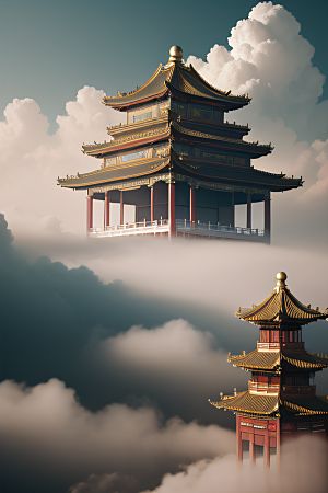 雾中仙境华丽的白金中国宫殿