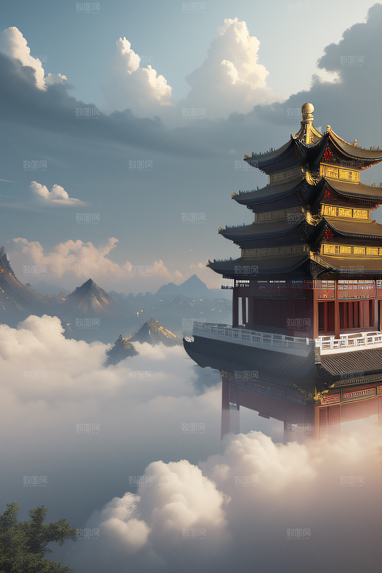 雾中仙境华丽的白金中国宫殿