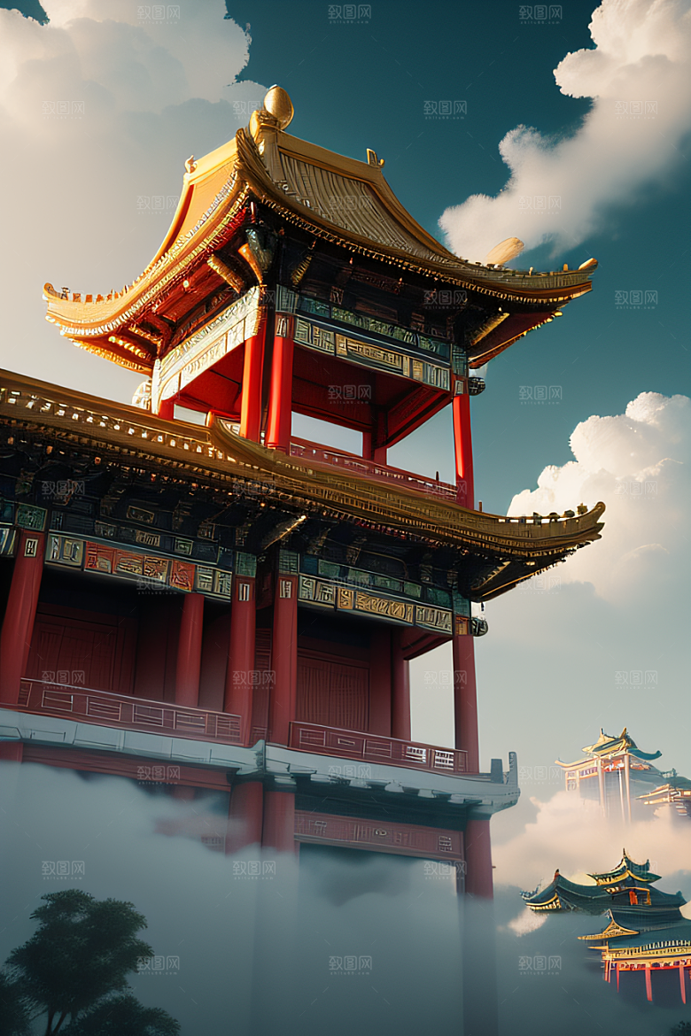 雾中仙境华丽的白金中国宫殿