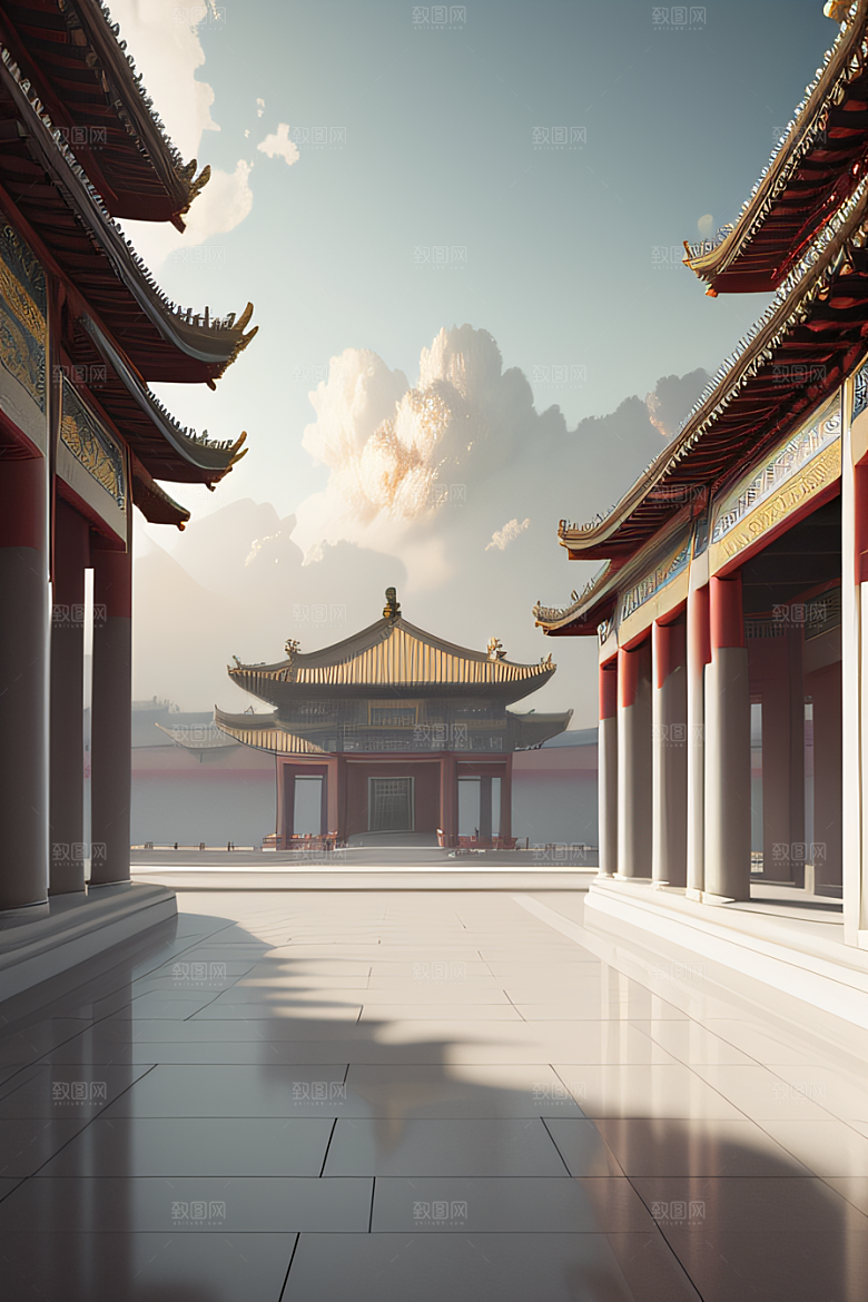 金顶白柱华丽的中国宫殿