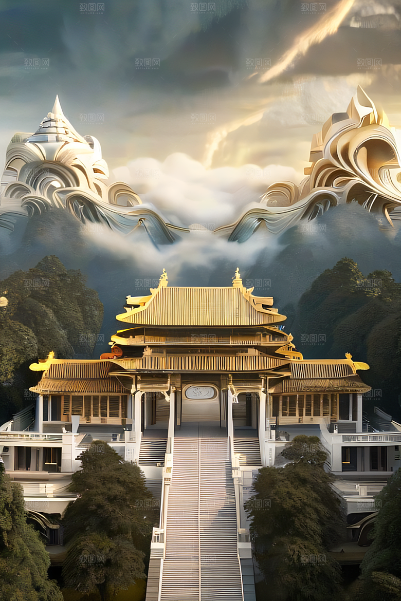 雾中仙境华丽的白金中国宫殿