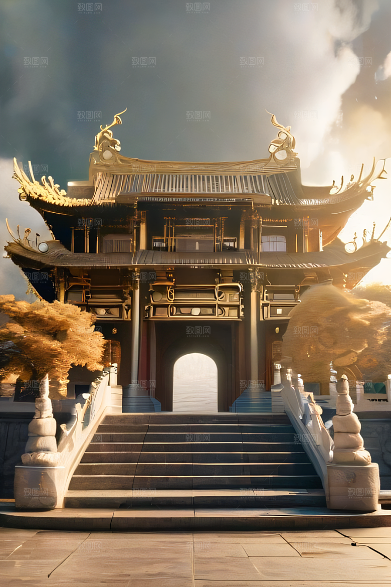 雾中仙境华丽的白金中国宫殿