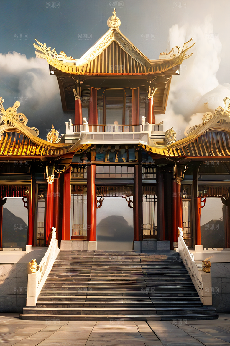 雾中仙境华丽的白金中国宫殿