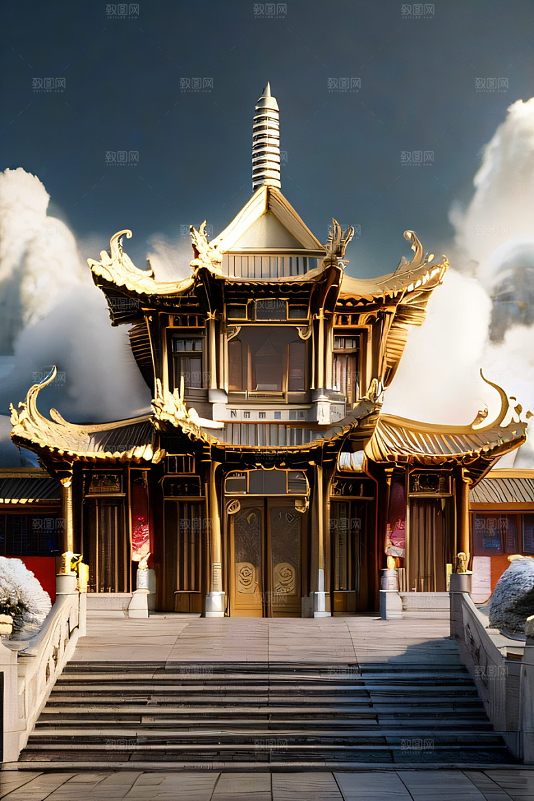 雾中仙境华丽的白金中国宫殿