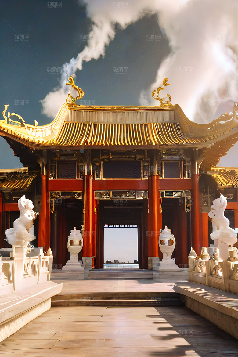 雾中仙境华丽的白金中国宫殿