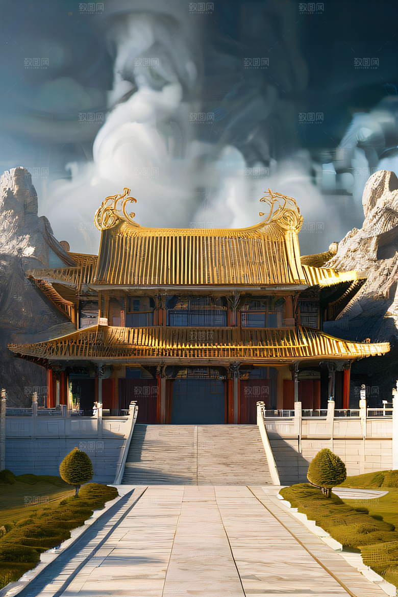 雾中仙境华丽的白金中国宫殿