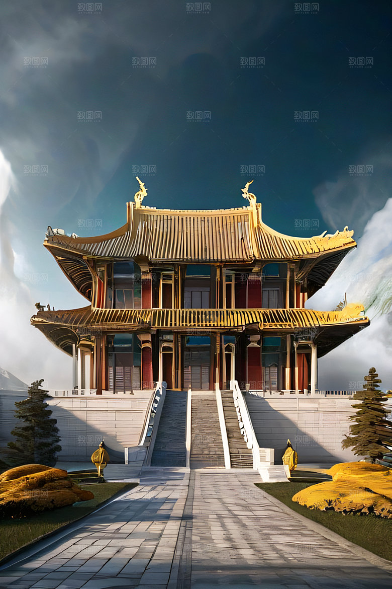 雾中仙境华丽的白金中国宫殿