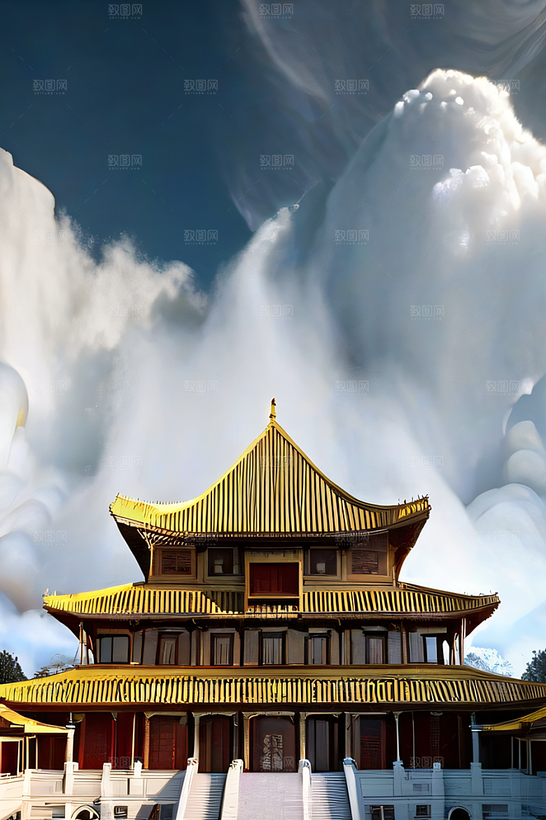 雾中仙境华丽的白金中国宫殿