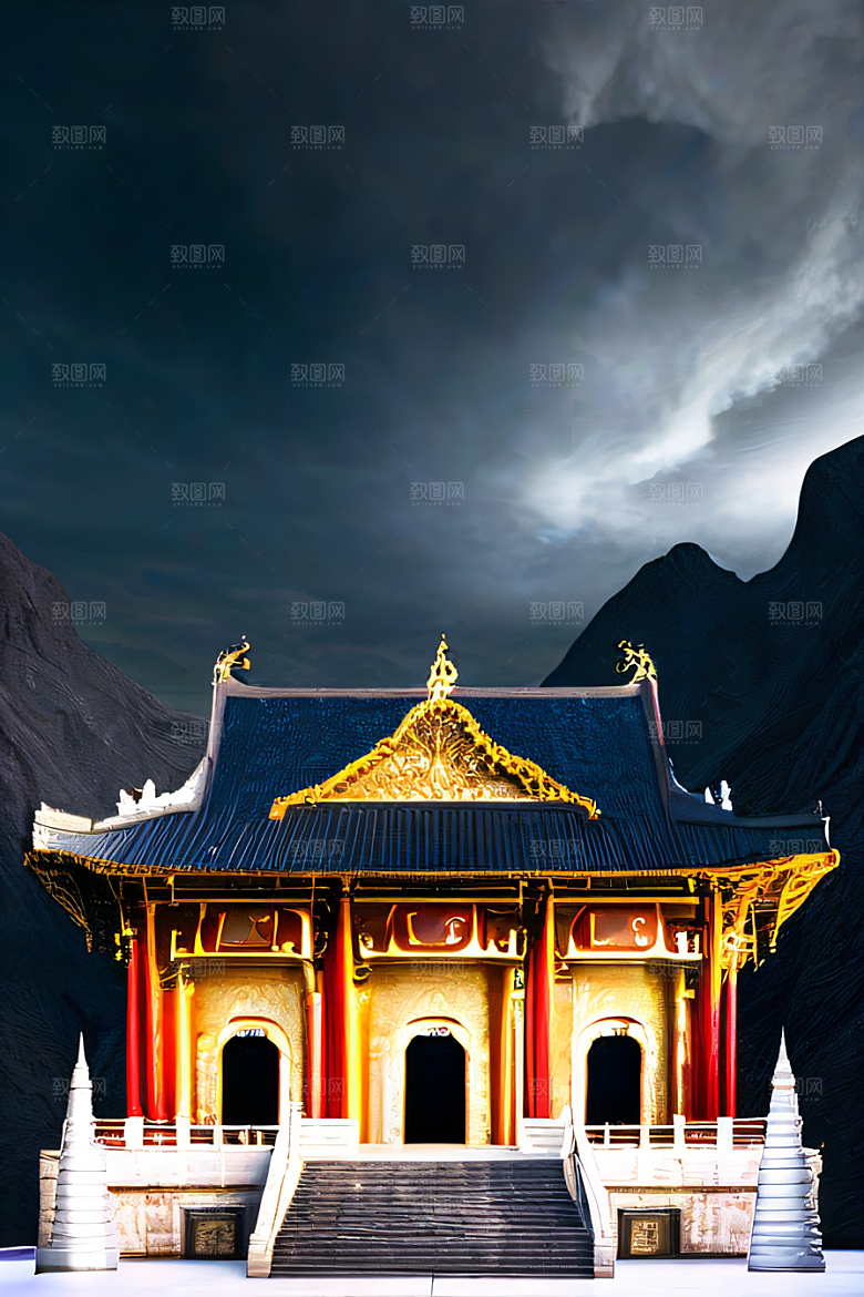 雾中仙境华丽的白金中国宫殿