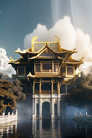 雾中仙境华丽的白金中国宫殿