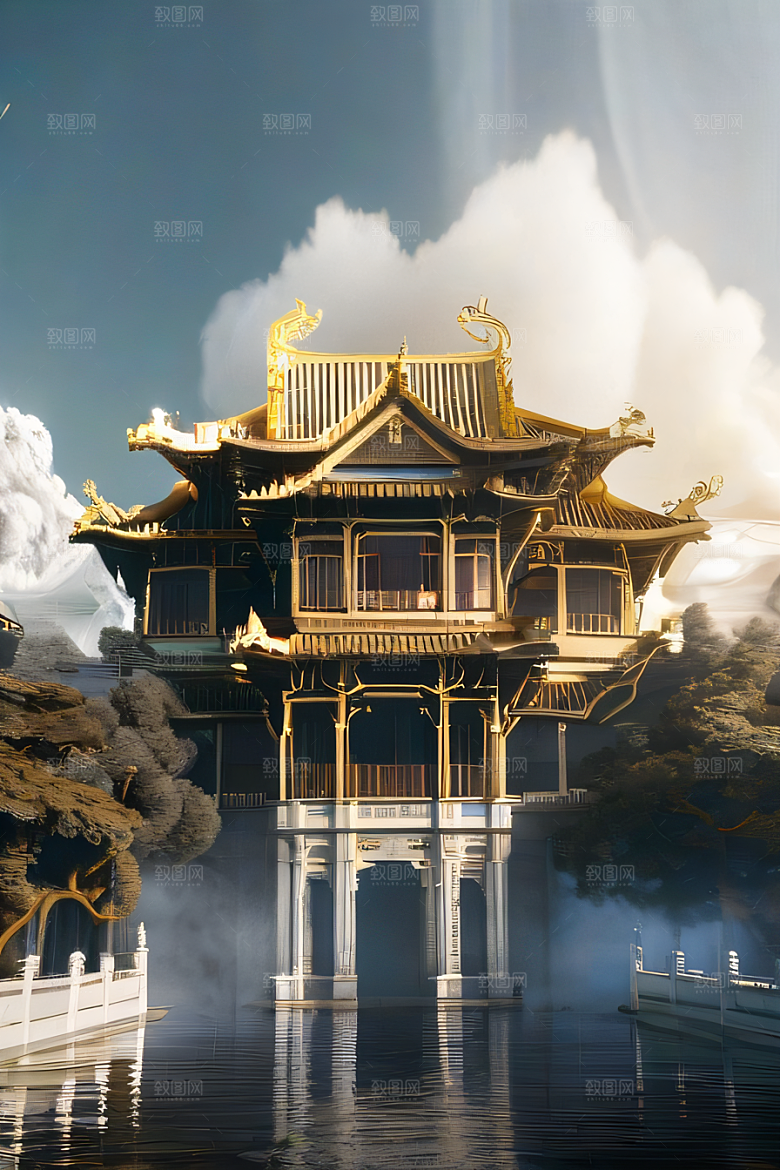 雾中仙境华丽的白金中国宫殿