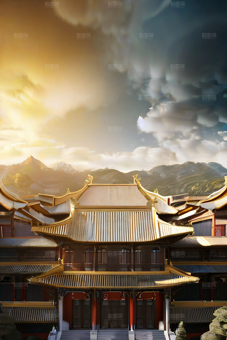 雾中仙境华丽的白金中国宫殿