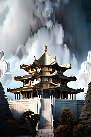 雾中仙境华丽的白金中国宫殿