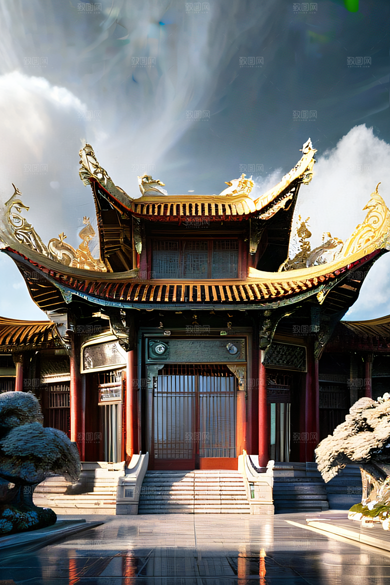 雾中仙境华丽的白金中国宫殿