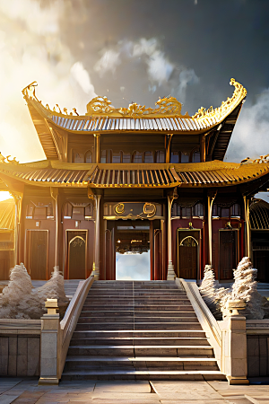 雾中仙境华丽的白金中国宫殿