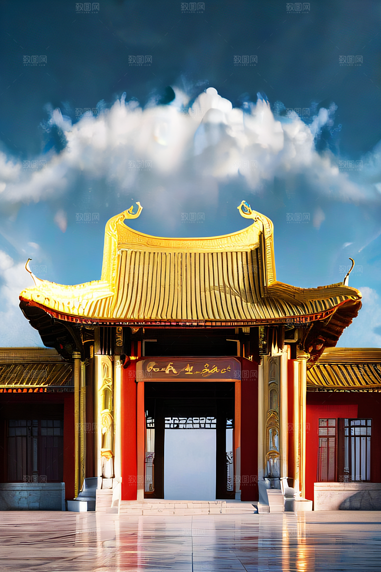 雾中仙境华丽的白金中国宫殿