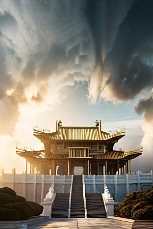 雾中仙境华丽的白金中国宫殿