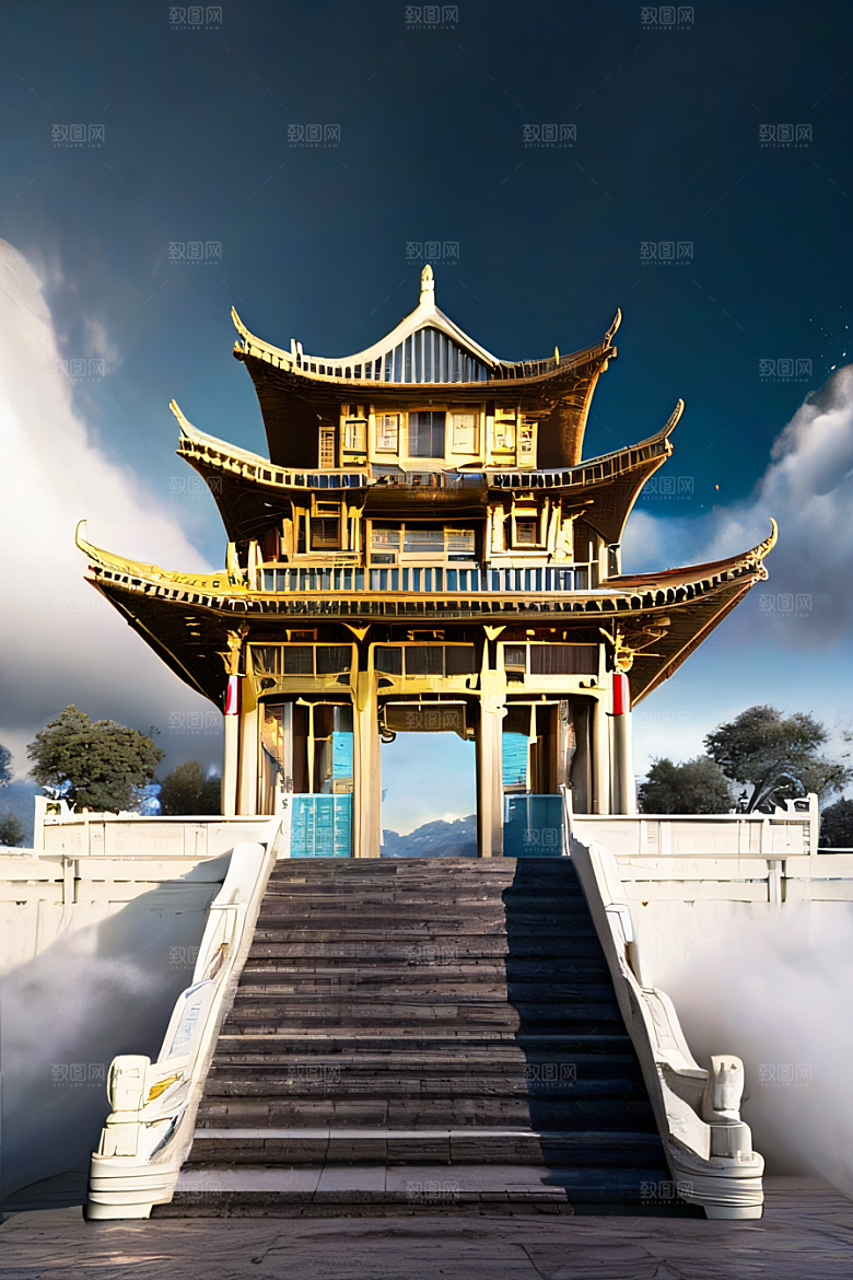 雾中仙境华丽的白金中国宫殿