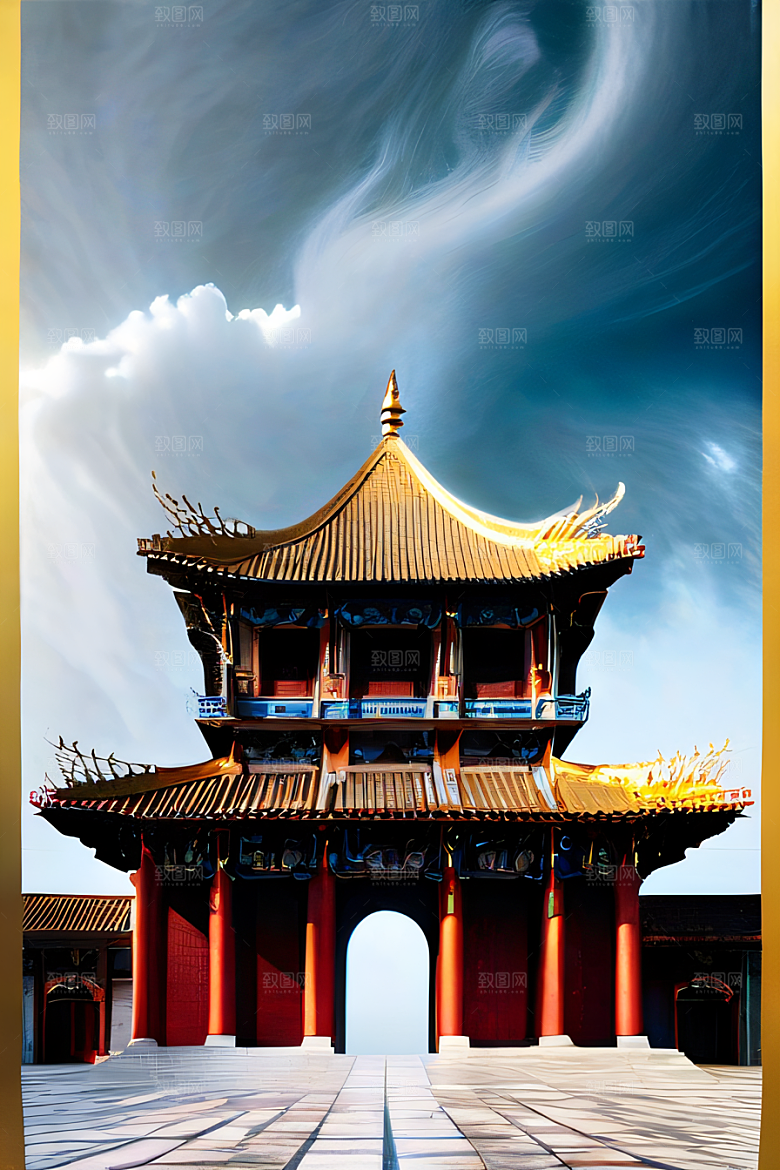 金顶白柱华丽的中国宫殿