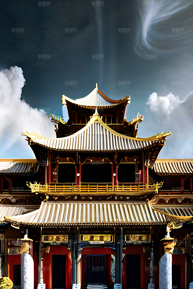金顶白柱华丽的中国宫殿