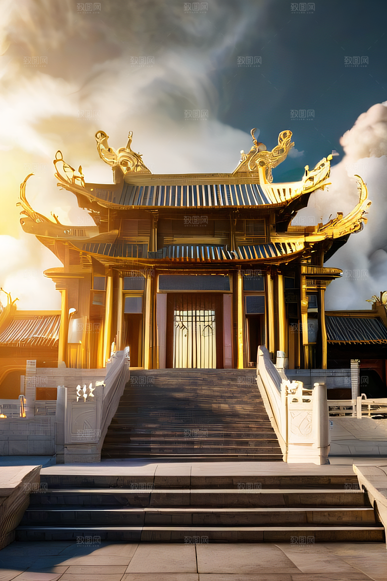 金顶白柱华丽的中国宫殿