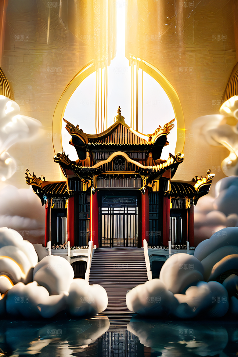 金顶白柱华丽的中国宫殿