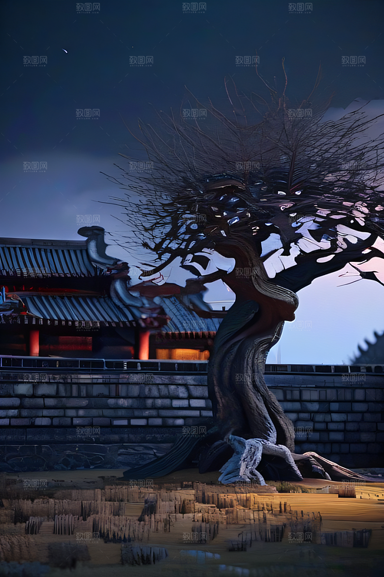 枯树下的电影般灯光