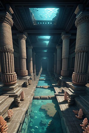 深海奢华空间水下古宫殿的精细雕刻