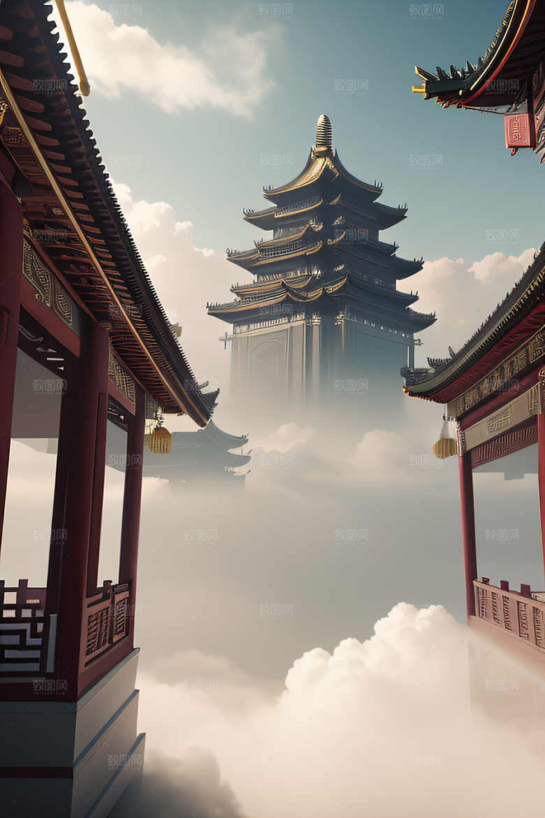 云上中国宫殿金顶白玉的仙境天堂