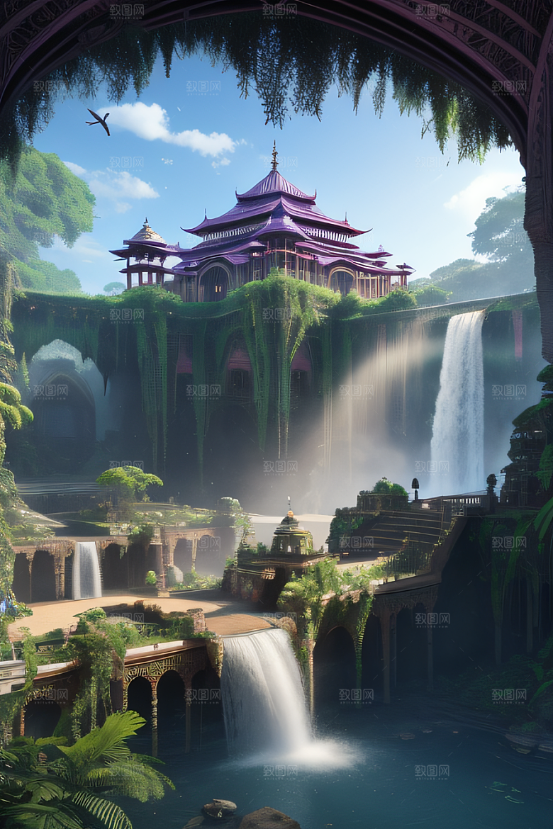 美丽的飞鸟瀑布景观