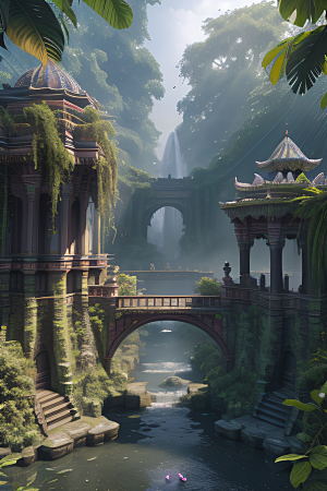 美丽的飞鸟瀑布景观