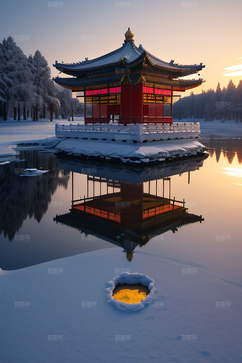 美丽日出古亭庄严